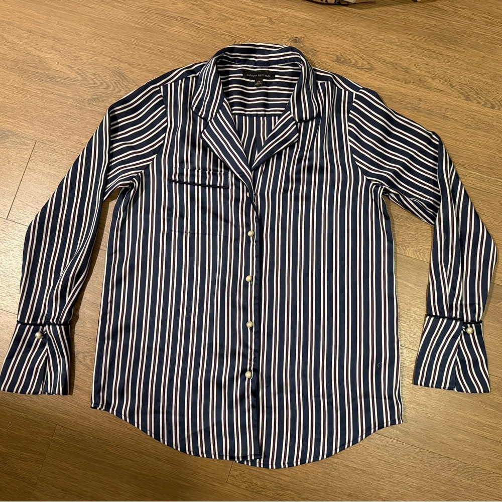 Banana Republic Navy Stripe Blouse with Faux Pearl Buttons